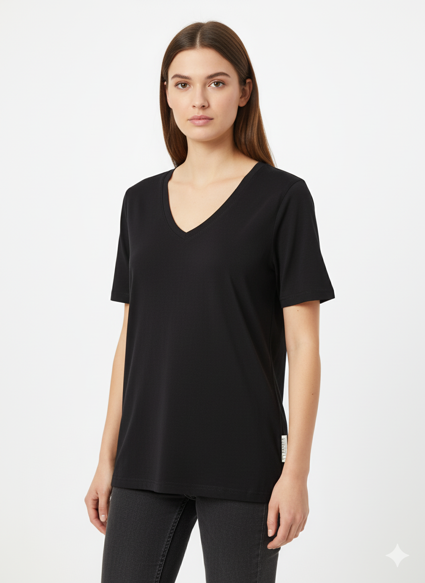 T-shirt damski Naruna V z wełny merino, czarny